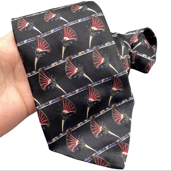 Oscar de la Renta Silk Tie Black Horn Novelty Print Geometric Work Career - Picture 2 of 7